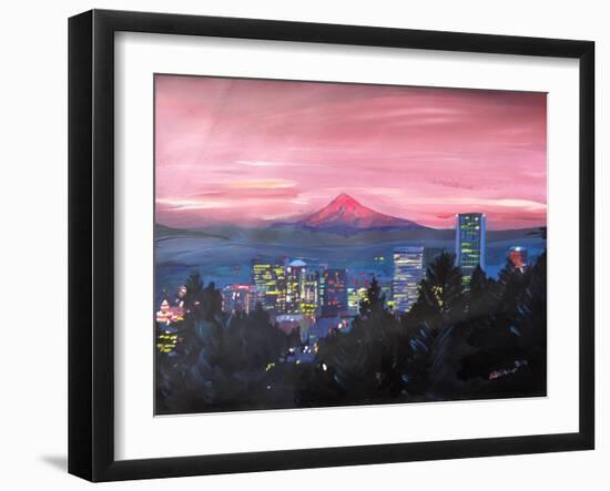 Portland Oregon with Mt Hood at Sunset-Markus Bleichner-Framed Art Print