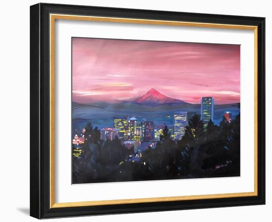 Portland Oregon with Mt Hood at Sunset-Markus Bleichner-Framed Art Print