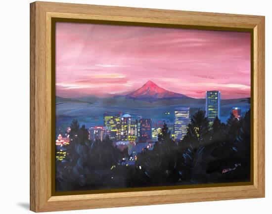 Portland Oregon with Mt Hood at Sunset-Markus Bleichner-Framed Stretched Canvas