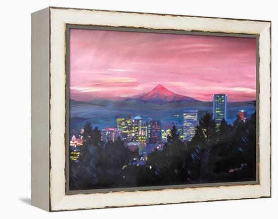 Portland Oregon with Mt Hood at Sunset-Markus Bleichner-Framed Stretched Canvas