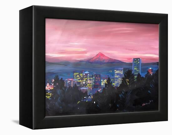 Portland Oregon with Mt Hood at Sunset-Markus Bleichner-Framed Stretched Canvas