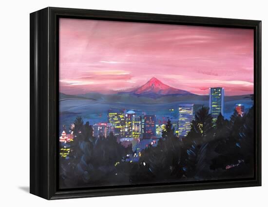 Portland Oregon with Mt Hood at Sunset-Markus Bleichner-Framed Stretched Canvas