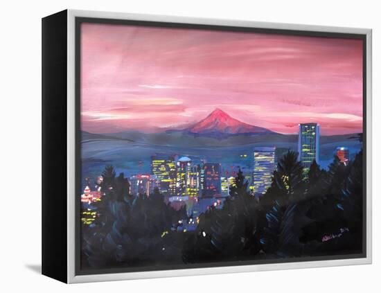 Portland Oregon with Mt Hood at Sunset-Markus Bleichner-Framed Stretched Canvas