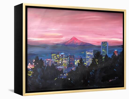 Portland Oregon with Mt Hood at Sunset-Markus Bleichner-Framed Stretched Canvas