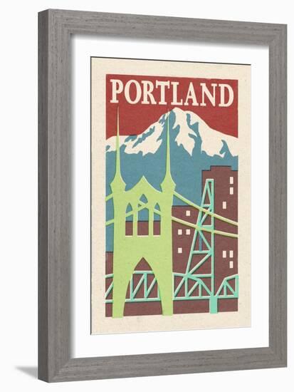 Portland, Oregon - Woodblock-Lantern Press-Framed Art Print