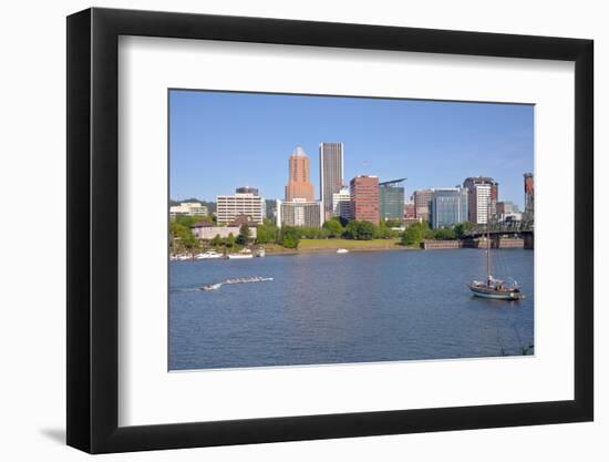 Portland skyline and rowing boats in morning light, Multnomah County, Oregon, USA-null-Framed Photographic Print