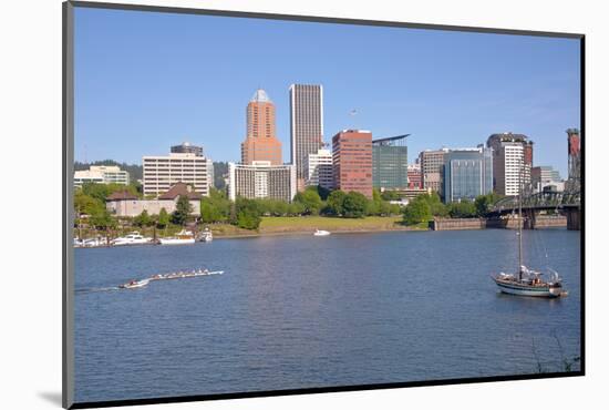 Portland skyline and rowing boats in morning light, Multnomah County, Oregon, USA-null-Mounted Photographic Print