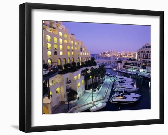 Portomaso Marina at Dusk with Hilton Hotel, Paceville, St. Julian`S, Malta, Mediterranean, Europe-Stuart Black-Framed Photographic Print