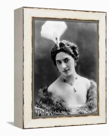 Portrait around, 1900 of the famous Dutch dancer MATA HARI, in a white dress (b/w photo)-null-Framed Stretched Canvas