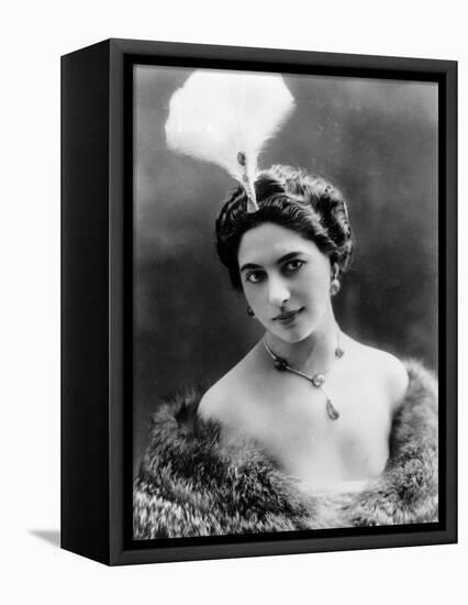 Portrait around, 1900 of the famous Dutch dancer MATA HARI, in a white dress (b/w photo)-null-Framed Stretched Canvas