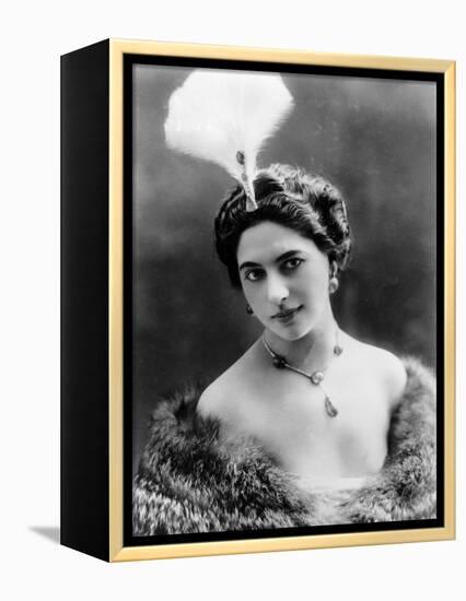 Portrait around, 1900 of the famous Dutch dancer MATA HARI, in a white dress (b/w photo)-null-Framed Stretched Canvas