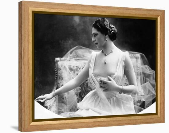 Portrait around, 1900 of the famous Dutch dancer MATA HARI, in a white dress (b/w photo)-null-Framed Stretched Canvas