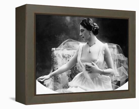 Portrait around, 1900 of the famous Dutch dancer MATA HARI, in a white dress (b/w photo)-null-Framed Stretched Canvas