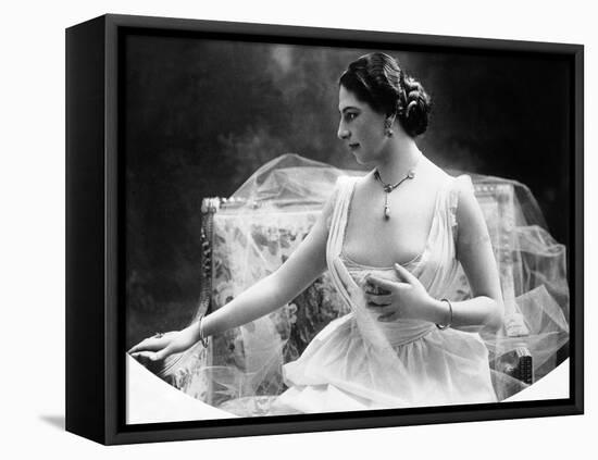 Portrait around, 1900 of the famous Dutch dancer MATA HARI, in a white dress (b/w photo)-null-Framed Stretched Canvas