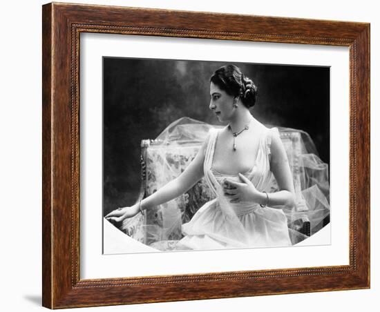 Portrait around, 1900 of the famous Dutch dancer MATA HARI, in a white dress (b/w photo)-null-Framed Photo