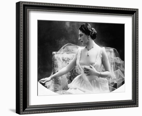 Portrait around, 1900 of the famous Dutch dancer MATA HARI, in a white dress (b/w photo)-null-Framed Photo