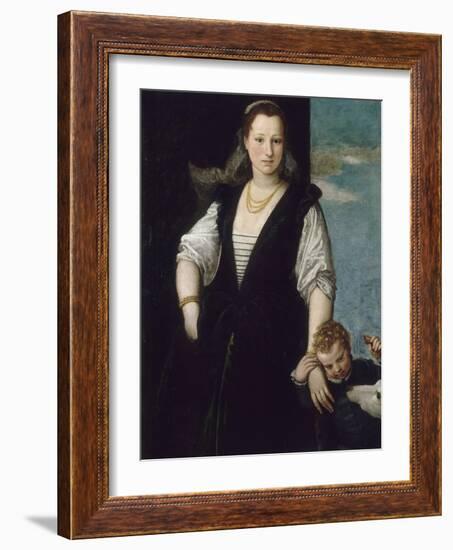 Portrait de femme avec un enfant et un chien (les enfants de Francesco Bevilacqua ?)-Paolo Veronese-Framed Giclee Print