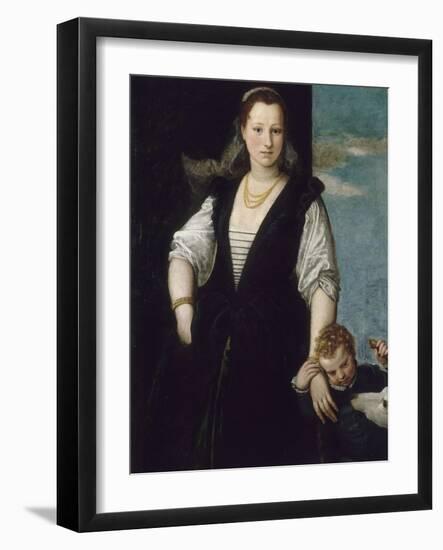 Portrait de femme avec un enfant et un chien (les enfants de Francesco Bevilacqua ?)-Paolo Veronese-Framed Giclee Print