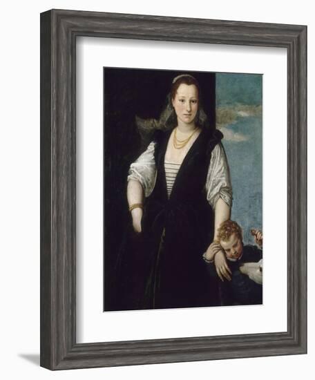 Portrait de femme avec un enfant et un chien (les enfants de Francesco Bevilacqua ?)-Paolo Veronese-Framed Giclee Print