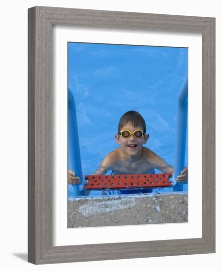 Portrait of 9 Year Old Boy in Swimming Pool, Kiamesha Lake, New York, USA-Paul Sutton-Framed Photographic Print