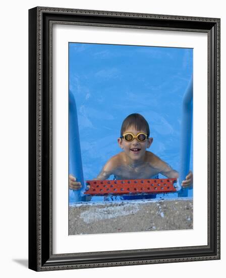 Portrait of 9 Year Old Boy in Swimming Pool, Kiamesha Lake, New York, USA-Paul Sutton-Framed Photographic Print