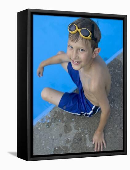 Portrait of 9 Year Old Boy Sitting at the Edge of the Swimming Pool, Kiamesha Lake, New York, USA-Paul Sutton-Framed Premier Image Canvas