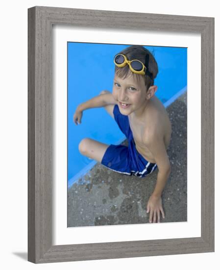 Portrait of 9 Year Old Boy Sitting at the Edge of the Swimming Pool, Kiamesha Lake, New York, USA-Paul Sutton-Framed Photographic Print