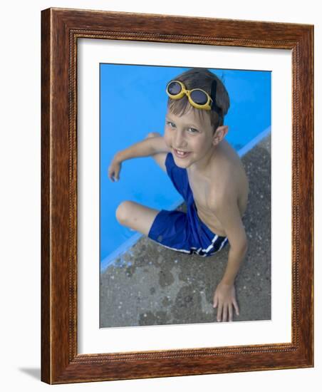 Portrait of 9 Year Old Boy Sitting at the Edge of the Swimming Pool, Kiamesha Lake, New York, USA-Paul Sutton-Framed Photographic Print