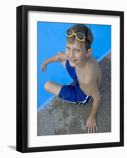 Portrait of 9 Year Old Boy Sitting at the Edge of the Swimming Pool, Kiamesha Lake, New York, USA-Paul Sutton-Framed Photographic Print