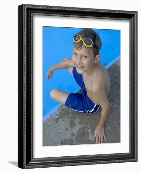 Portrait of 9 Year Old Boy Sitting at the Edge of the Swimming Pool, Kiamesha Lake, New York, USA-Paul Sutton-Framed Photographic Print