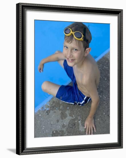 Portrait of 9 Year Old Boy Sitting at the Edge of the Swimming Pool, Kiamesha Lake, New York, USA-Paul Sutton-Framed Photographic Print