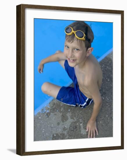 Portrait of 9 Year Old Boy Sitting at the Edge of the Swimming Pool, Kiamesha Lake, New York, USA-Paul Sutton-Framed Photographic Print