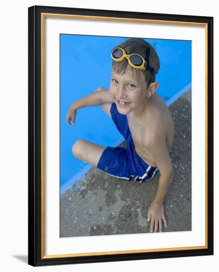 Portrait of 9 Year Old Boy Sitting at the Edge of the Swimming Pool, Kiamesha Lake, New York, USA-Paul Sutton-Framed Photographic Print