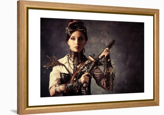 Portrait Of A Beautiful Steampunk Woman Holding A Gun Over Grunge Background-prometeus-Framed Stretched Canvas