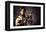 Portrait Of A Beautiful Steampunk Woman Holding A Gun Over Grunge Background-prometeus-Framed Stretched Canvas