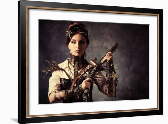 Portrait Of A Beautiful Steampunk Woman Holding A Gun Over Grunge Background-prometeus-Framed Premium Giclee Print