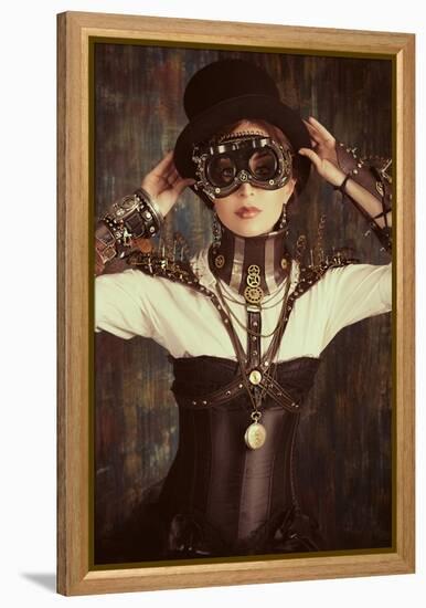 Portrait Of A Beautiful Steampunk Woman Over Grunge Background-prometeus-Framed Stretched Canvas