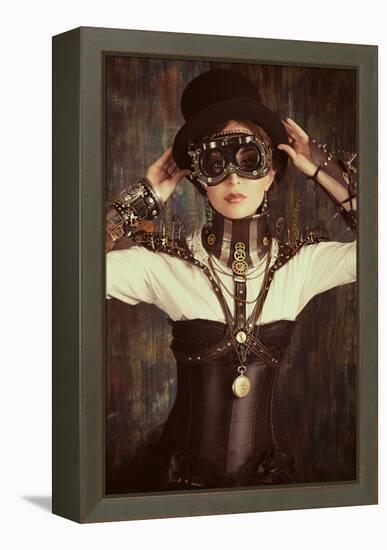 Portrait Of A Beautiful Steampunk Woman Over Grunge Background-prometeus-Framed Stretched Canvas