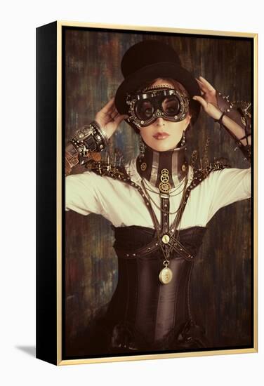 Portrait Of A Beautiful Steampunk Woman Over Grunge Background-prometeus-Framed Stretched Canvas