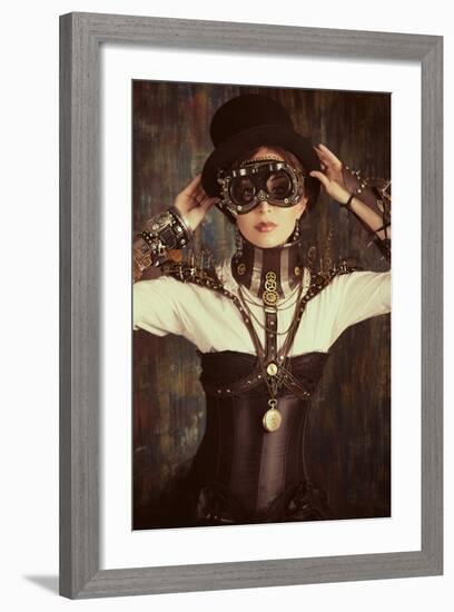 Portrait Of A Beautiful Steampunk Woman Over Grunge Background-prometeus-Framed Premium Giclee Print