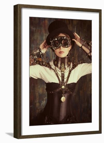 Portrait Of A Beautiful Steampunk Woman Over Grunge Background-prometeus-Framed Premium Giclee Print