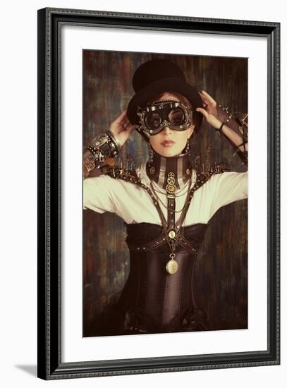 Portrait Of A Beautiful Steampunk Woman Over Grunge Background-prometeus-Framed Art Print