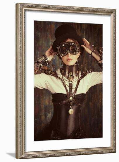 Portrait Of A Beautiful Steampunk Woman Over Grunge Background-prometeus-Framed Art Print