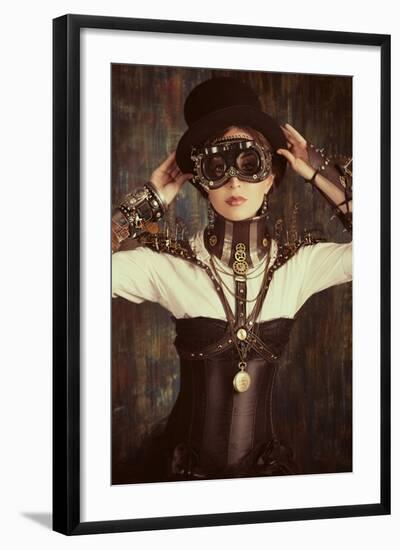 Portrait Of A Beautiful Steampunk Woman Over Grunge Background-prometeus-Framed Art Print