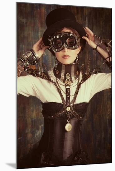 Portrait Of A Beautiful Steampunk Woman Over Grunge Background-prometeus-Mounted Art Print