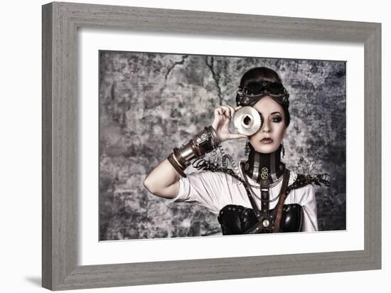 Portrait Of A Beautiful Steampunk Woman Over Grunge Background-prometeus-Framed Art Print