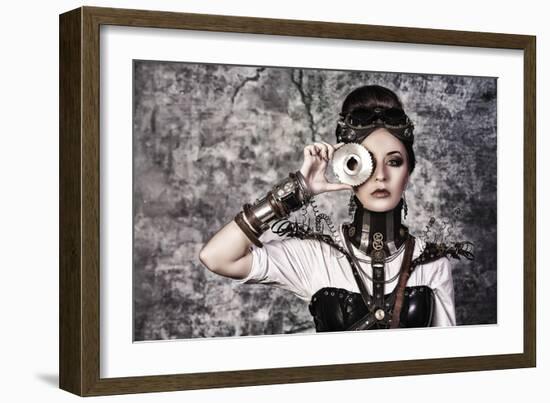 Portrait Of A Beautiful Steampunk Woman Over Grunge Background-prometeus-Framed Art Print