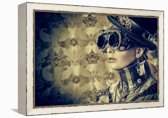 Portrait Of A Beautiful Steampunk Woman Over Vintage Background-prometeus-Framed Stretched Canvas