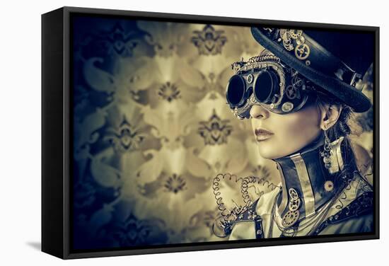 Portrait Of A Beautiful Steampunk Woman Over Vintage Background-prometeus-Framed Stretched Canvas