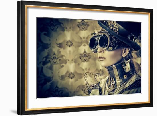 Portrait Of A Beautiful Steampunk Woman Over Vintage Background-prometeus-Framed Premium Giclee Print